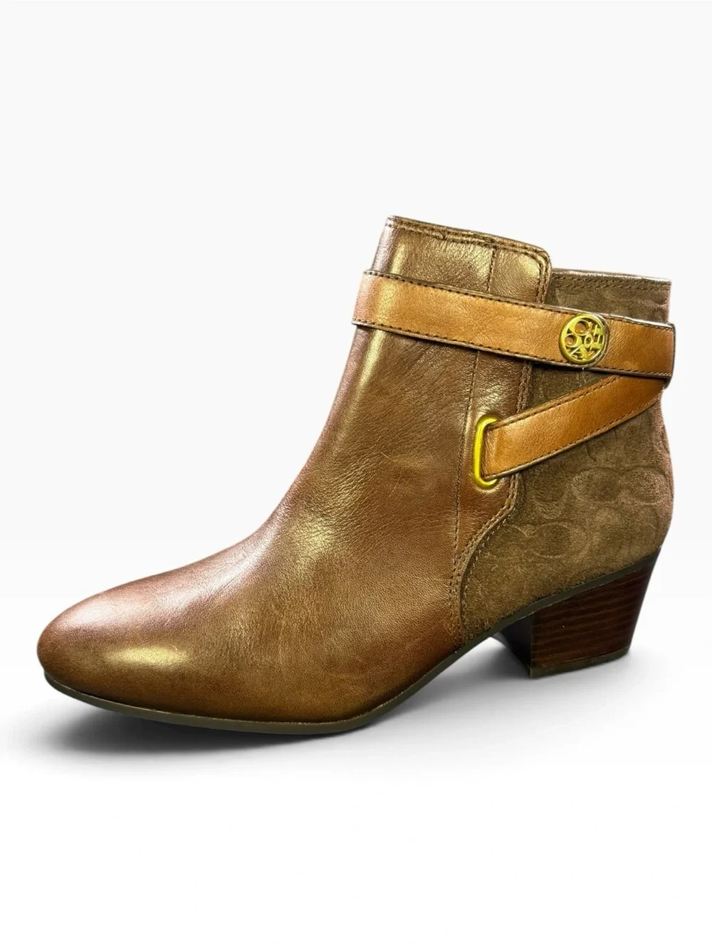 Coach Metallic Brown Leather & Suede Ankle Boot with Gold Accent